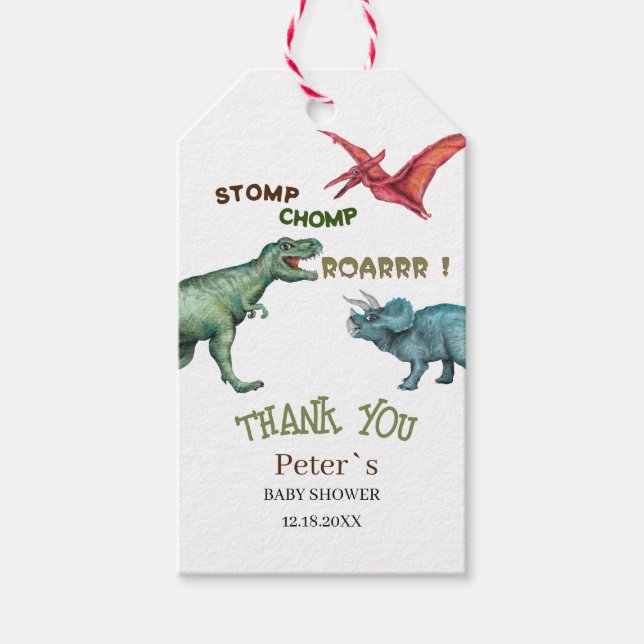 Dino Party stomp chomp brüllige Babydusche Danke Geschenkanhänger (Vorderseite)