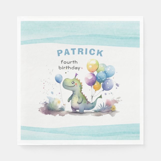 Dino Party Watercolor Boy Blue Birthday Serviette (Vorderseite)
