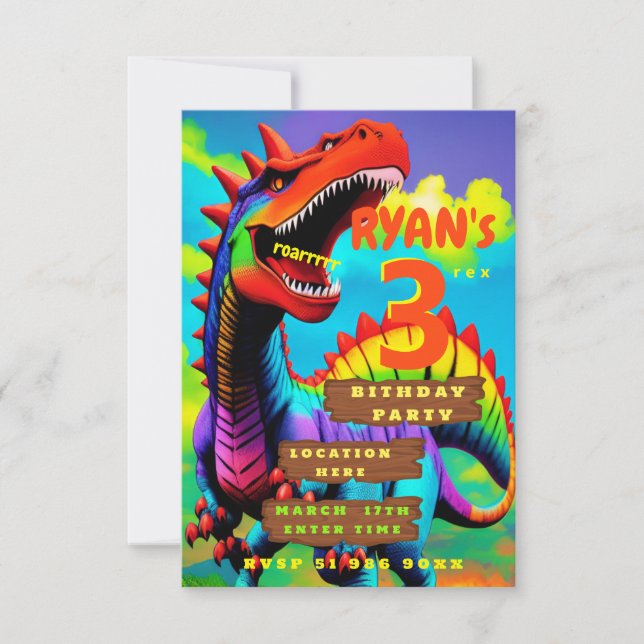 Dino personnalisé invitation de trois rex annivers (Devant)