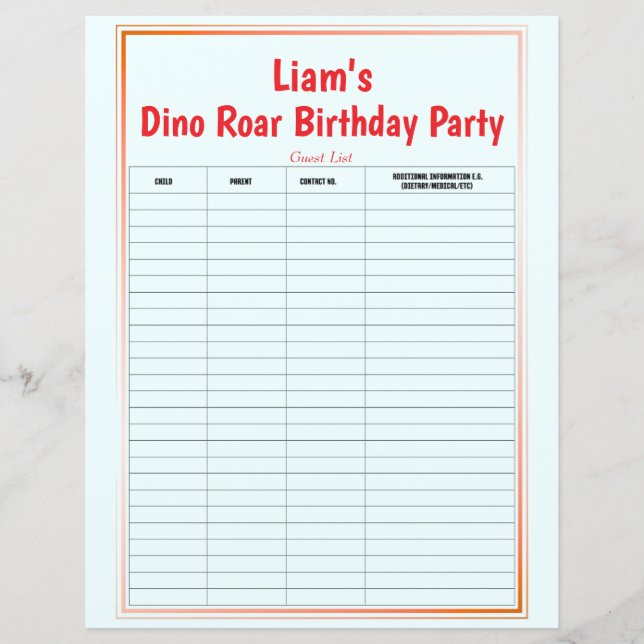 Dino Roar Birthday Party Guest List (Vorderseite)