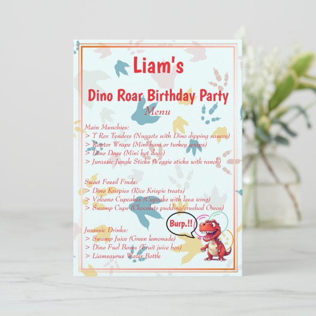 Dino Roar Birthday Party Menükarte (Stehend Vorderseite)