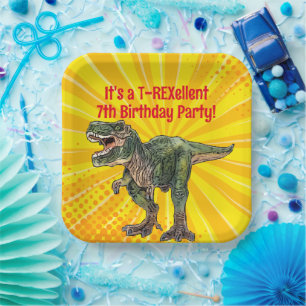 Dino T-Rex Dinosaur Funny Birthday Boy Yellow Pappteller