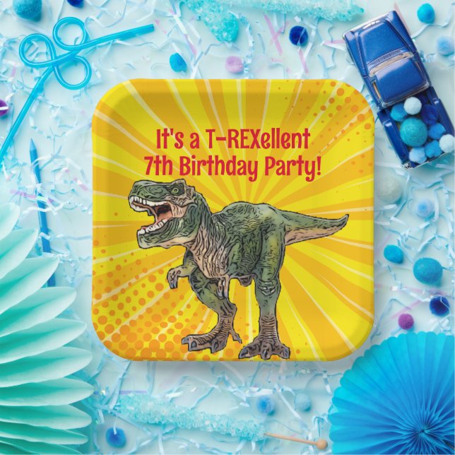 Dino T-Rex Dinosaur Funny Birthday Boy Yellow Pappteller (Party)