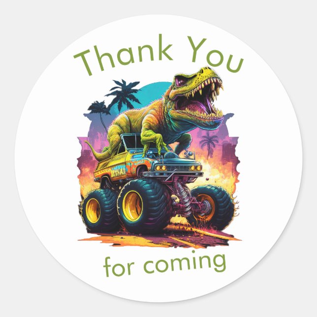 Dino T-Rex Monster Truck, vielen Dank Runder Aufkleber (Vorderseite)