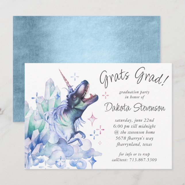 Dinocorn Crystal Blue | Unicorn Dinosaur Graduate Einladung (Vorne/Hinten)