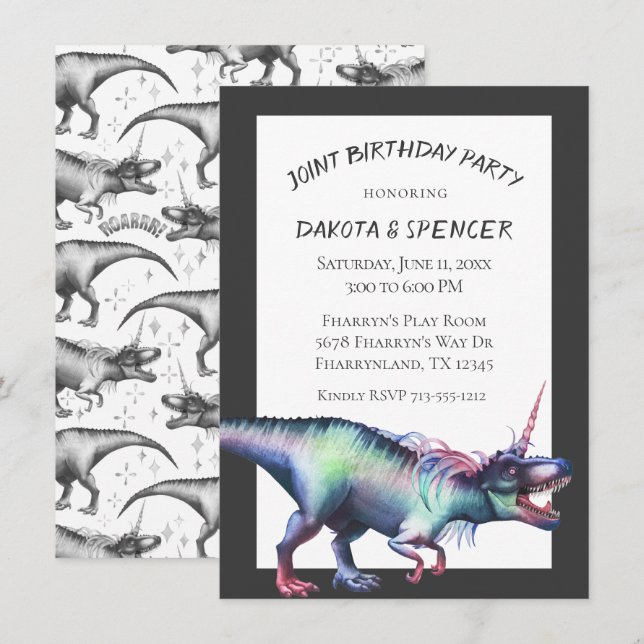 Dinocorn Joint Birthday Party | Unicorn Dinosaur Einladung (Vorne/Hinten)