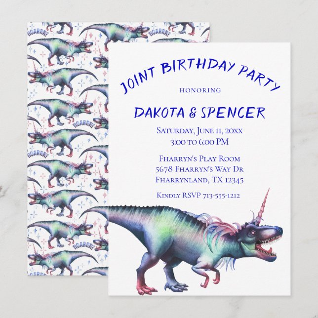 Dinocorn Joint Birthday Party | Unicorn Dinosaur Einladung (Vorne/Hinten)