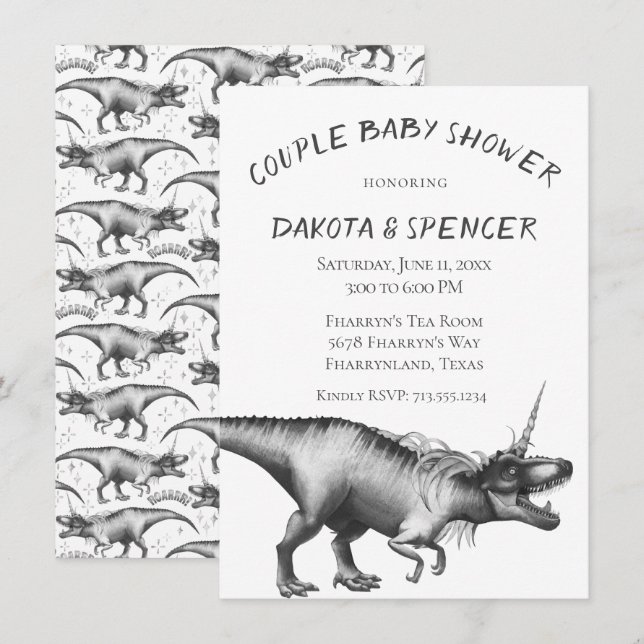 Dinocorn Silver | Monochrome Paare Kinderdusche Einladung (Vorne/Hinten)