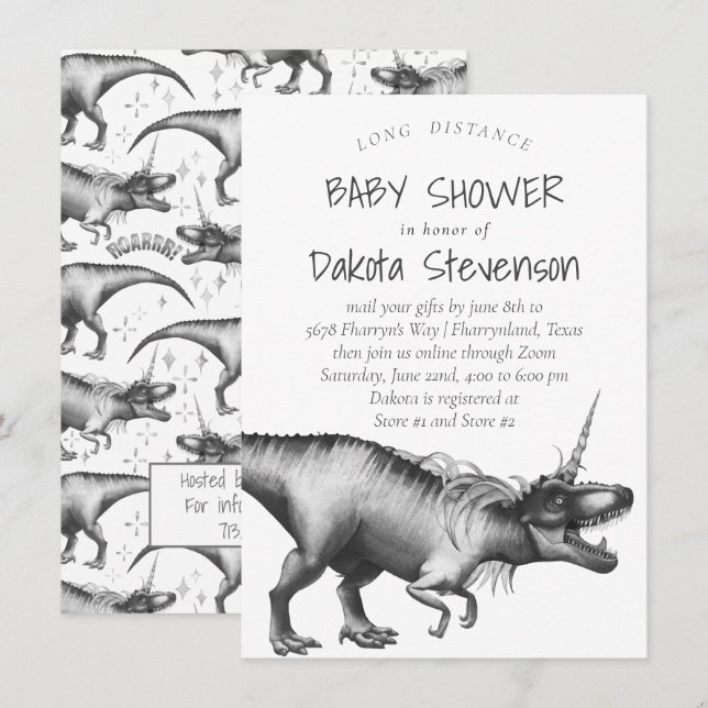 Dinocorn Silver | Niedliche Babydusche mit langer  Einladung (Vorne/Hinten)