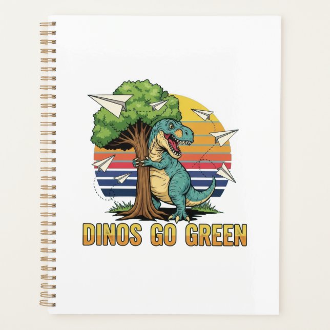 Dinos Go Green – Retro Eco Dinosaur Design Planer (Vorderseite)