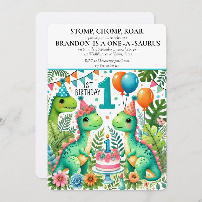 Dinosaur 1. Geburtstag Boy Stomp Chomp Roar Einladung (Vorne/Hinten)