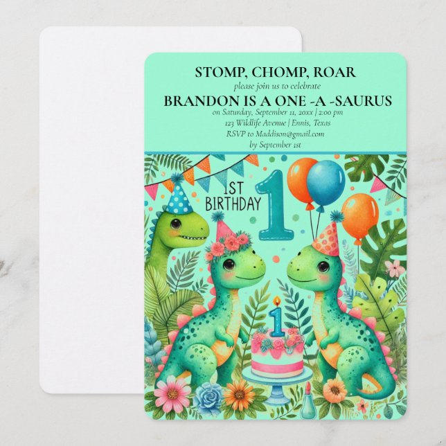 Dinosaur 1. Geburtstag Boy Stomp Chomp Roar Einladung (Vorne/Hinten)