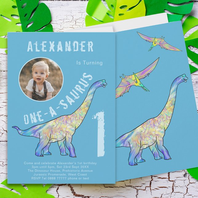 Dinosaur 1. Geburtstag Party Blau Einladung (One a saurus dinosaur 1st birthday party invitation with photo template colorful dino watercolor)