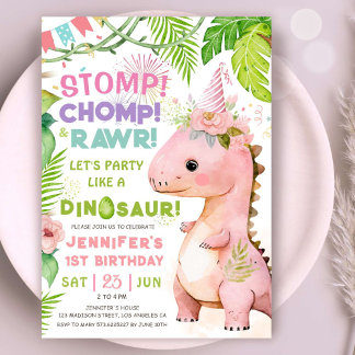 Dinosaur 1. Geburtstag Party Pink Dinosaur Girls Einladung