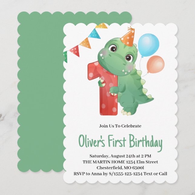 Dinosaur 1. Geburtstagsfeier Party Einladung (Vorne/Hinten)