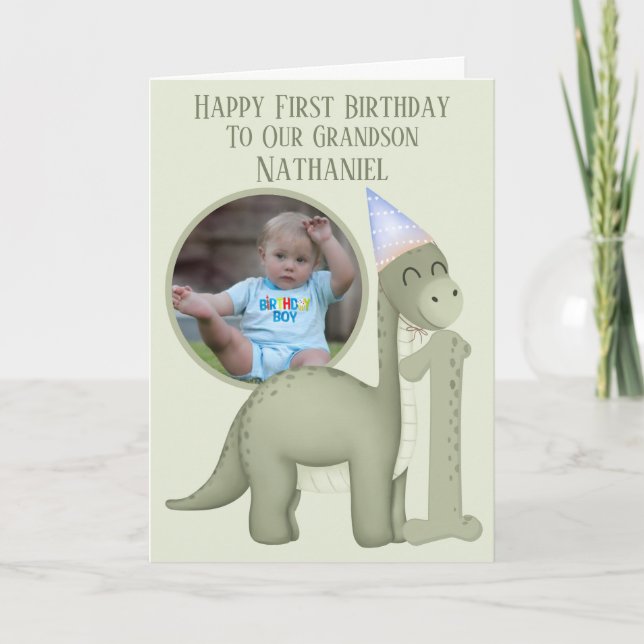 Dinosaur 1 Photo Aperture First Birthday Card Karte (Vorderseite)