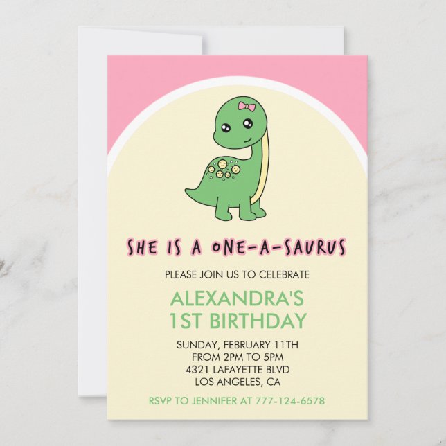 Dinosaur 1er anniversaire invitation fille un un s (Devant)