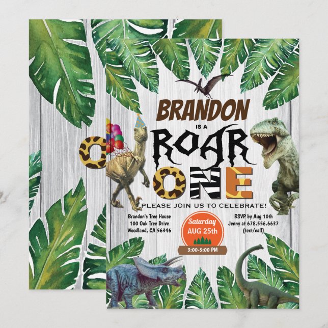 Dinosaur 1er anniversaire invitation Roar un juras (Devant / Derrière)
