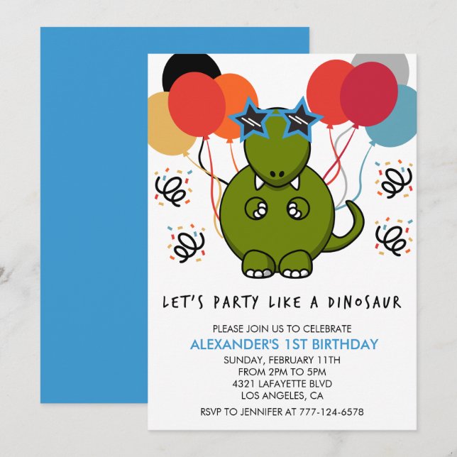 Dinosaur 1er anniversaire invitations comme un din (Devant / Derrière)