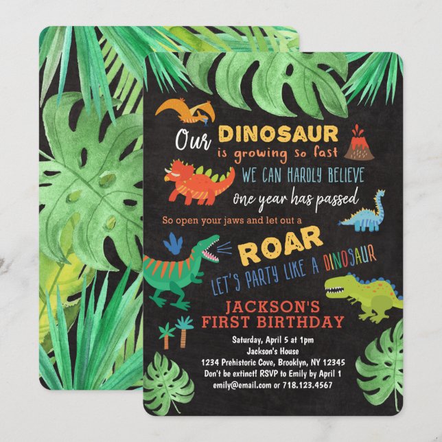 Dinosaur 1er anniversaire Invitations Roar Dino Pa (Devant / Derrière)
