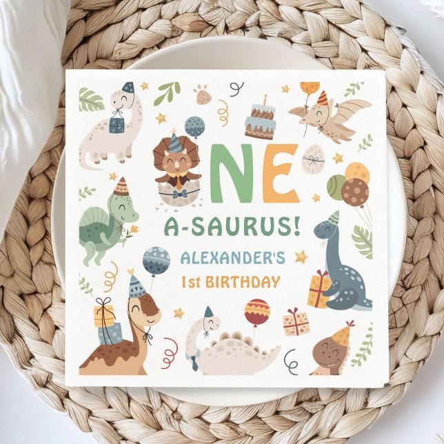 Dinosaur 1st Birthday One A-Saurus Boy Dino Paper Serviette (Von Creator hochgeladen)