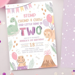 Dinosaur 2e anniversaire Invitations fille. Bébé m