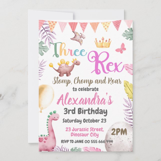 Dinosaur 3e anniversaire Trois Rex Girl Invitation (Devant)
