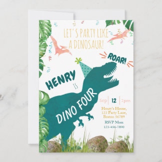Dinosaur 4. Geburtstag Einladung Dino Vier TRex