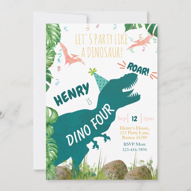 Dinosaur 4e anniversaire Invitation Dino Quatre TR (Devant)
