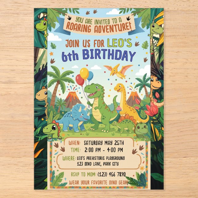 Dinosaur 6th Birthday Jungle  Party Flat Acryleinladungen (Vorderseite)