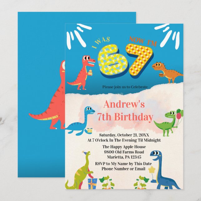 Dinosaur 7th Birthday Party I Was 6 Now I'm 7 Einladung (Vorne/Hinten)