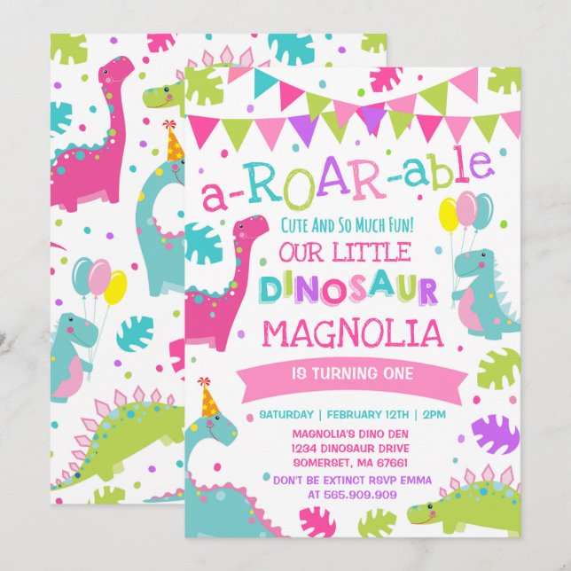 Dinosaur Anniversaire Invitation Fille Dinosaur (Devant / Derrière)