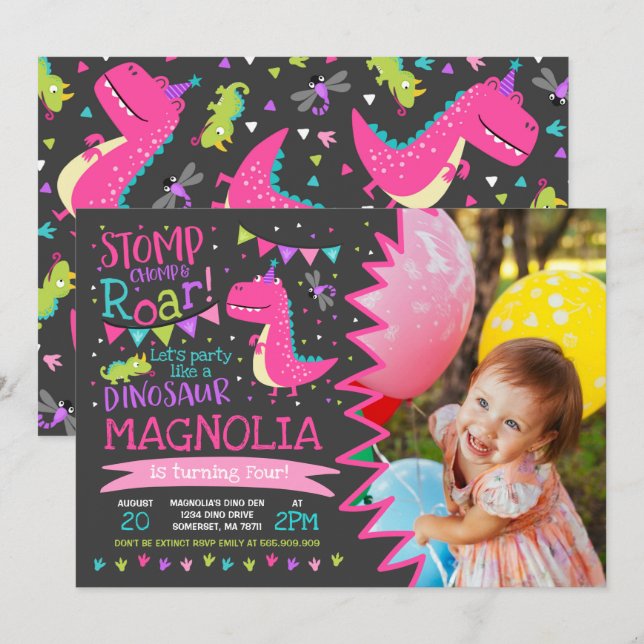 Dinosaur Anniversaire Invitation Fille Dinosaur (Devant / Derrière)