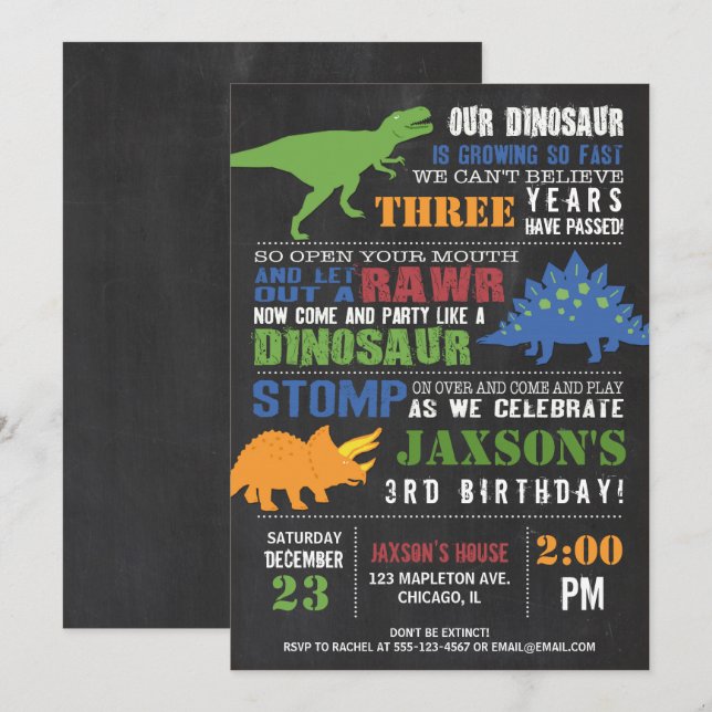 Dinosaur anniversaire invitation garçon chalkboard (Devant / Derrière)