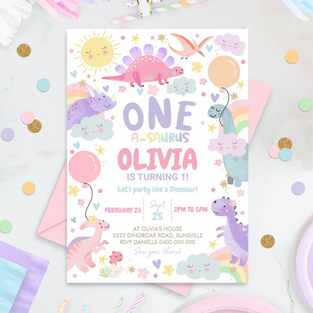 DINOSAUR ANNIVERSAIRE Invitation Girl One-a-saurus (Girl Dinosaur 1st Birthday Invitation)