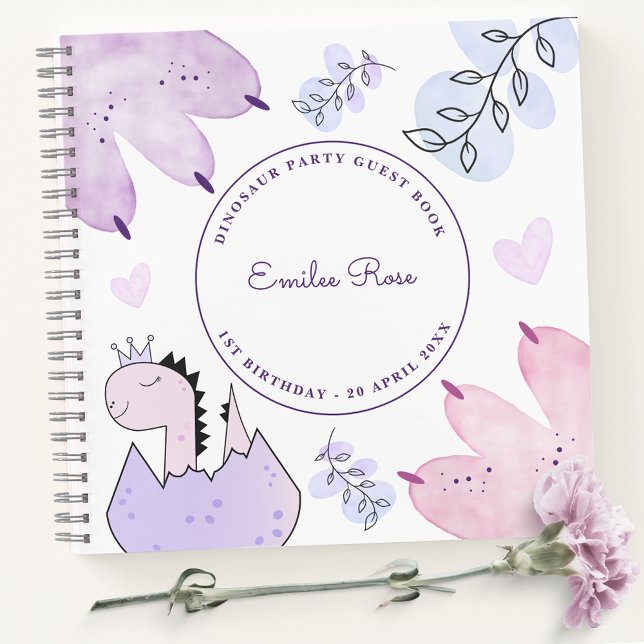Dinosaur Anniversaire Pink Purple Livre d'invités (Créateur téléchargé)