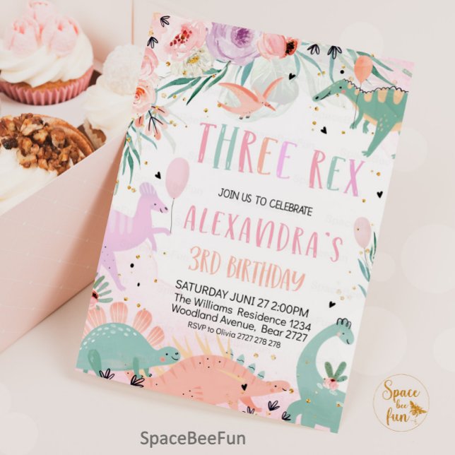 Dinosaur Anniversaire Trois Rex Invitation Girl Di (Dinosaur Birthday Three Rex Invitation Pink, Dinosaur Party invitation, Dino 3rd, Three rex birthday)