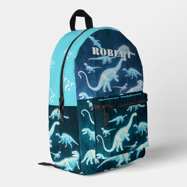 Dinosaur Aquamarin Moderne Fun Fluorescent Printed Bedruckter Rucksack (Rückseitige Ecke links)