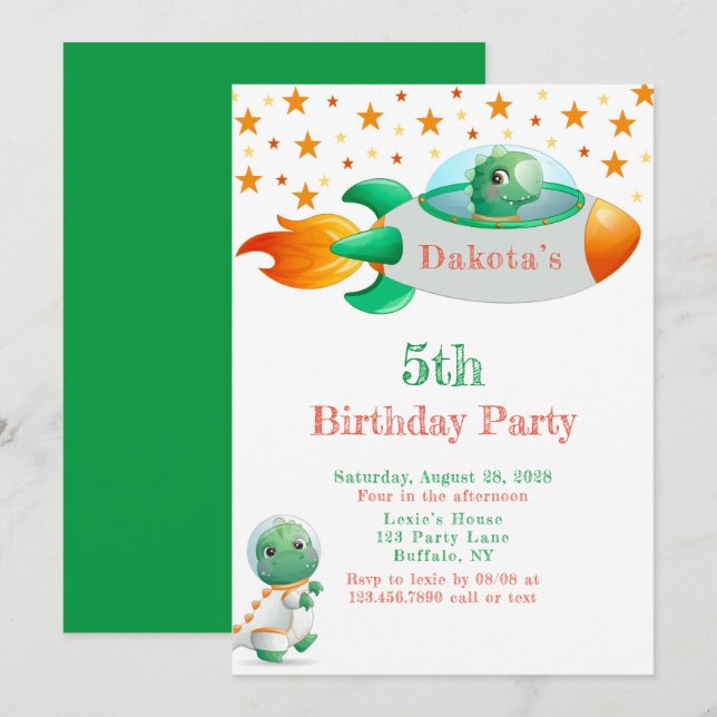Dinosaur Astronauten Rocketship Boy Birthday Party Einladung (Vorne/Hinten)