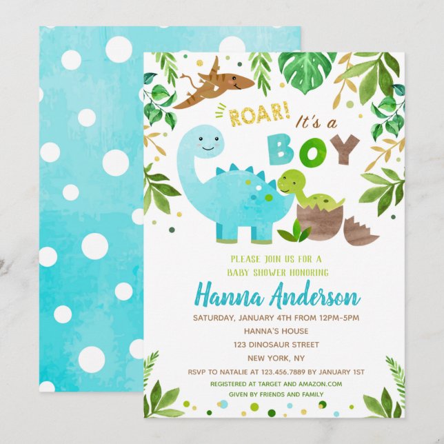 Dinosaur Baby Douche Invitations Baby Boy Dino (Devant / Derrière)