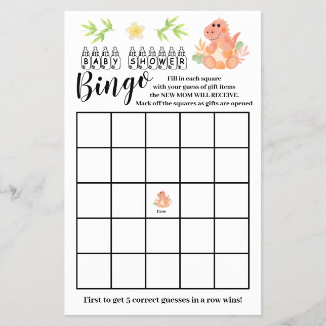 Dinosaur Baby Dusche Bingo Game Card Flyer (Vorne)
