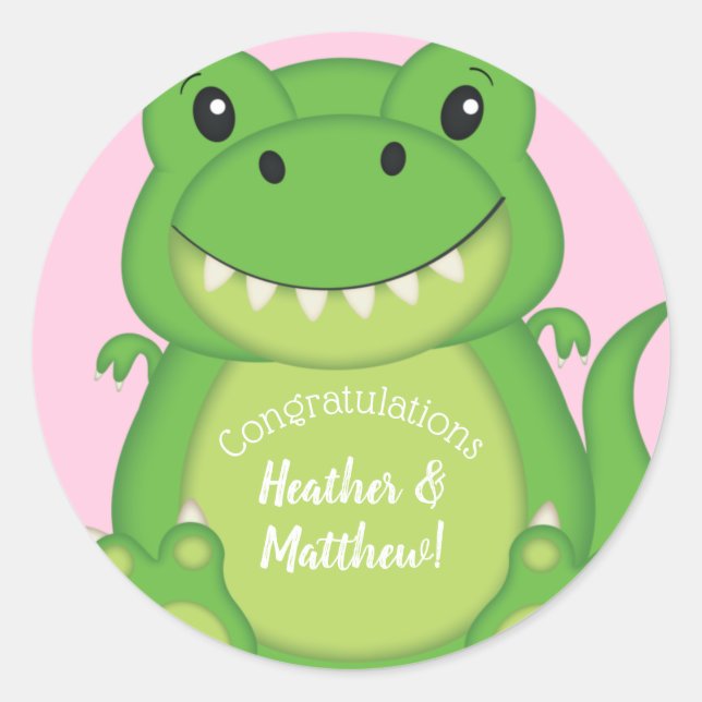 Dinosaur Baby Shower T-Rex Pink Girl Runder Aufkleber (Vorderseite)