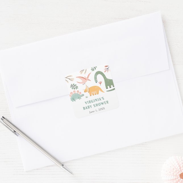 Dinosaur Babyaufkleber Quadratischer Aufkleber (Dinosaur Themed Baby Shower Sticker by Painted Paperie
)