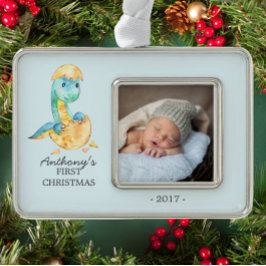 Dinosaur Baby's 1. Weihnachts-Foto Ornament Rahmen-Ornament Silber
