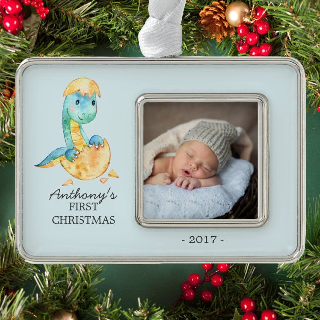 Dinosaur Baby's 1. Weihnachts-Foto Ornament Rahmen-Ornament Silber (Von Creator hochgeladen)