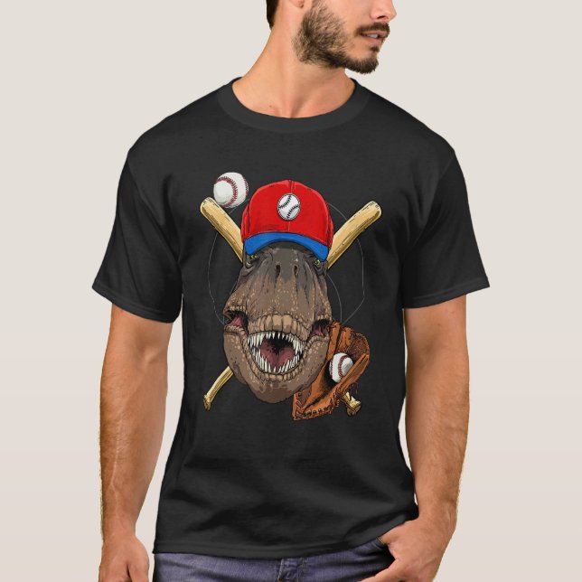 Dinosaur Baseballspieler Rex Pitcher Catcher Train T-Shirt (Vorderseite)