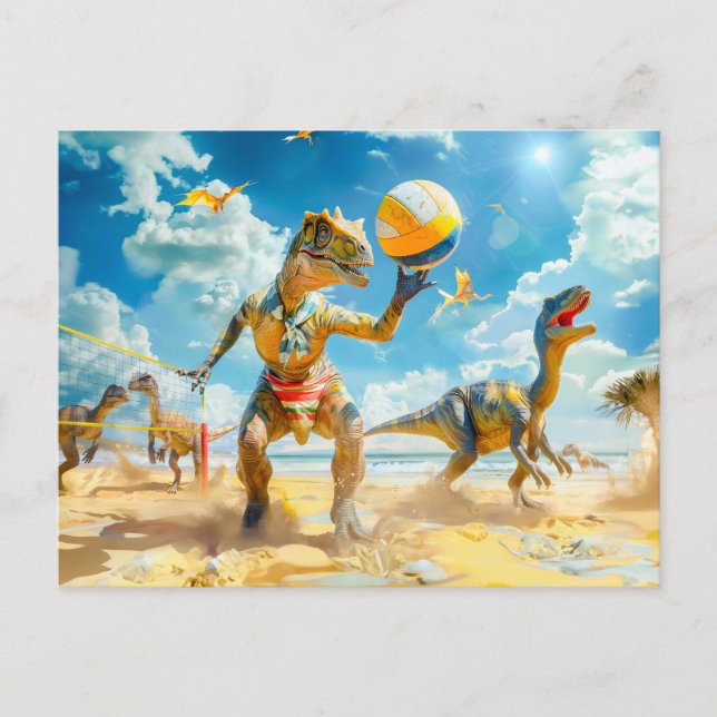 Dinosaur Beach Volleyball Game Feiertagspostkarte (Vorderseite)
