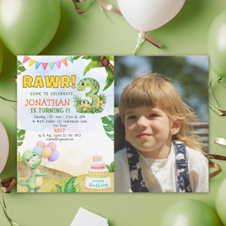 Dinosaur Birthday 3 with Photo | Rawr Dino Party Einladung