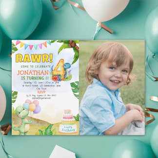 Dinosaur Birthday 4th with Photo | Rawr Dino Party Einladung