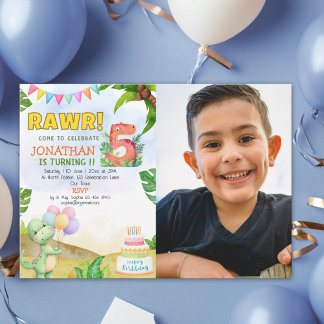 Dinosaur Birthday 5th with Photo | Rawr Dino Party Einladung